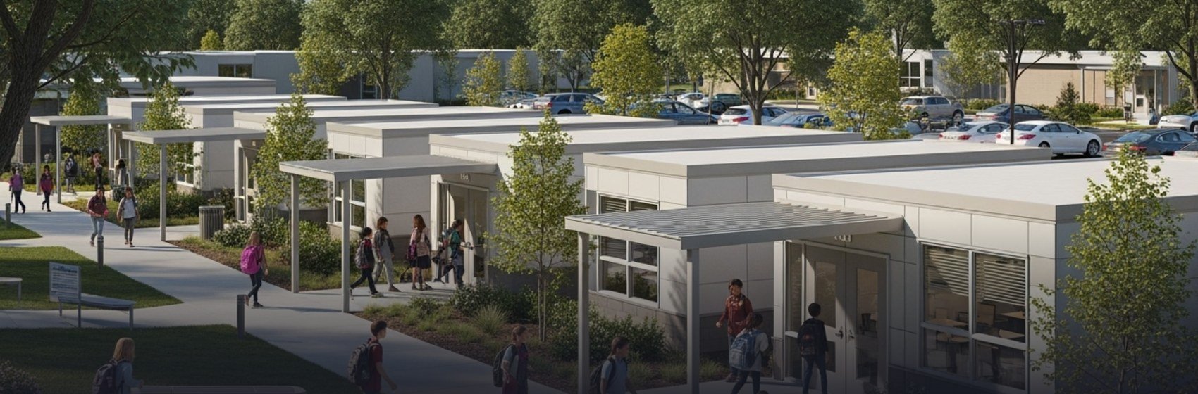 classMATE modular classroom campus with covered walkways and landscaping