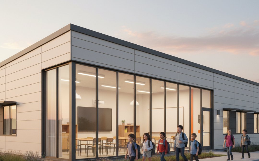 classMATE modular classroom building with students walking past