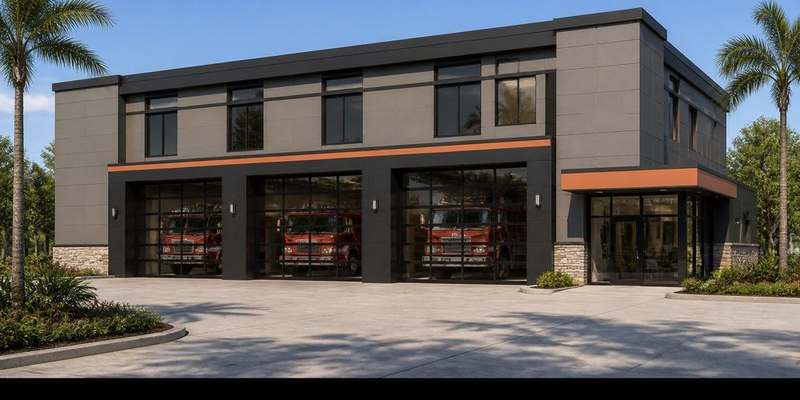 Rendering of a two-story stationMATE hybrid modular fire station with three glass apparatus bay doors and a covered entry